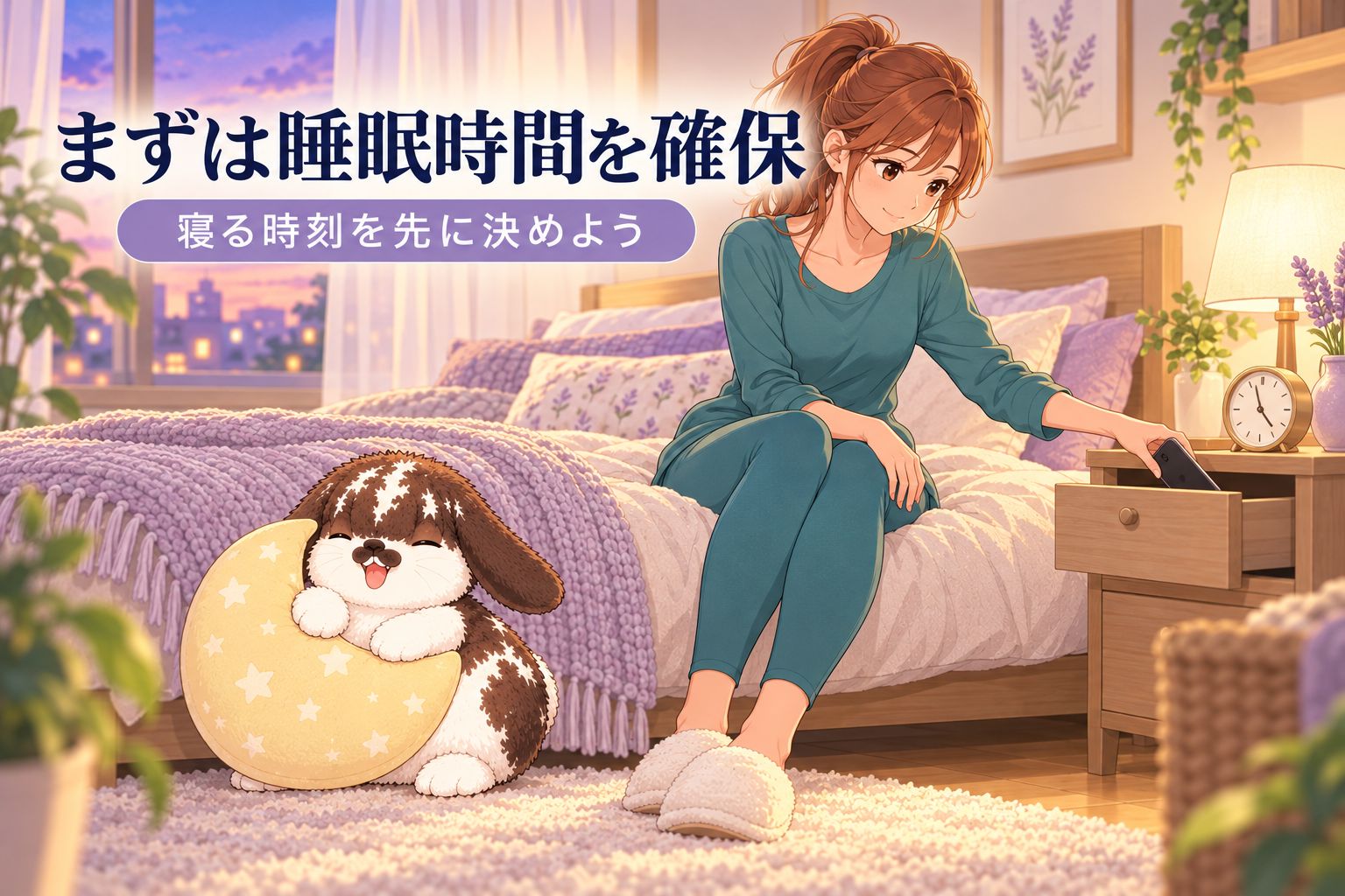 寝る時刻を決めて睡眠時間を確保する女子とポテちゃん