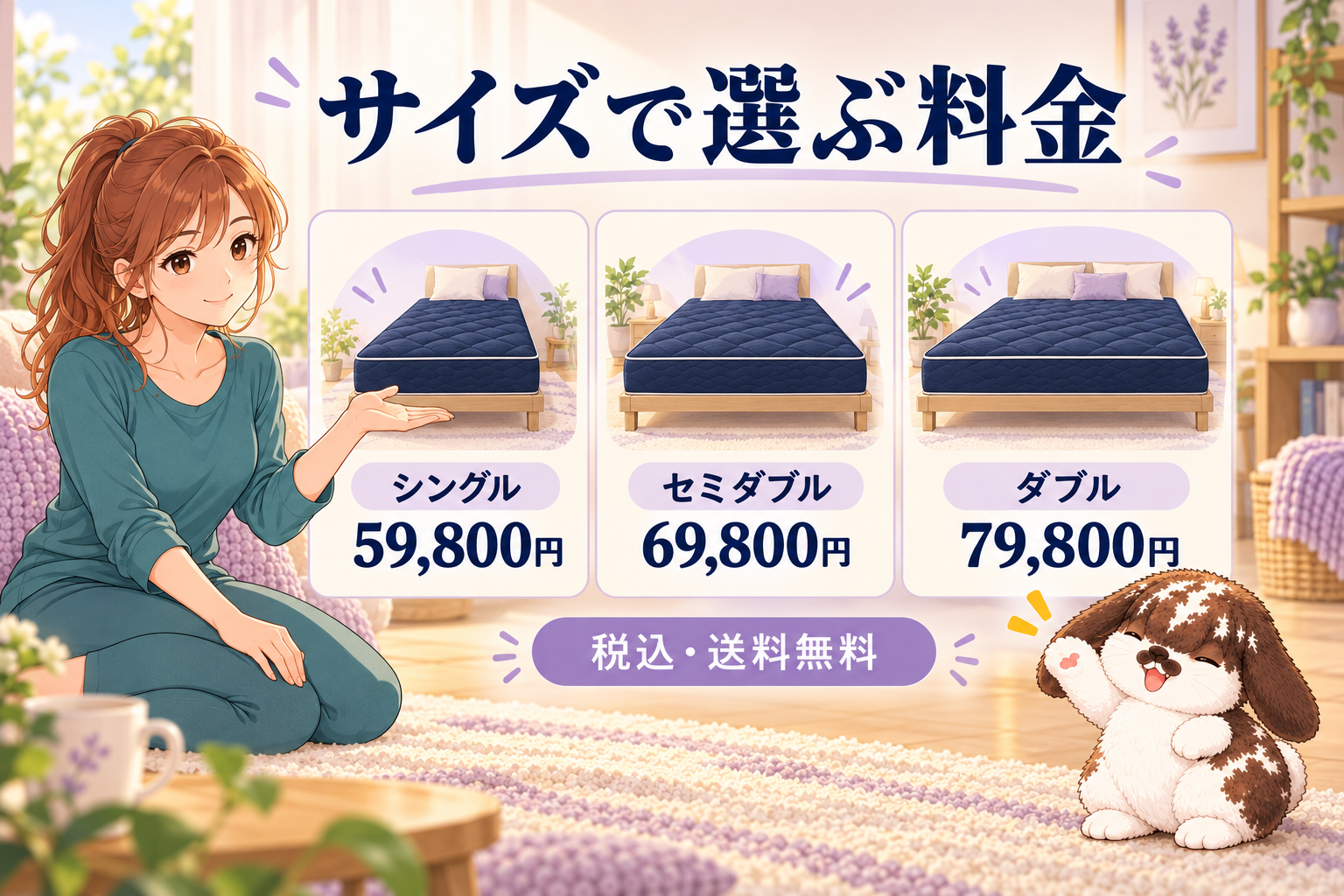 REVERIAのシングル・セミダブル・ダブルの税込料金を比較するイラスト