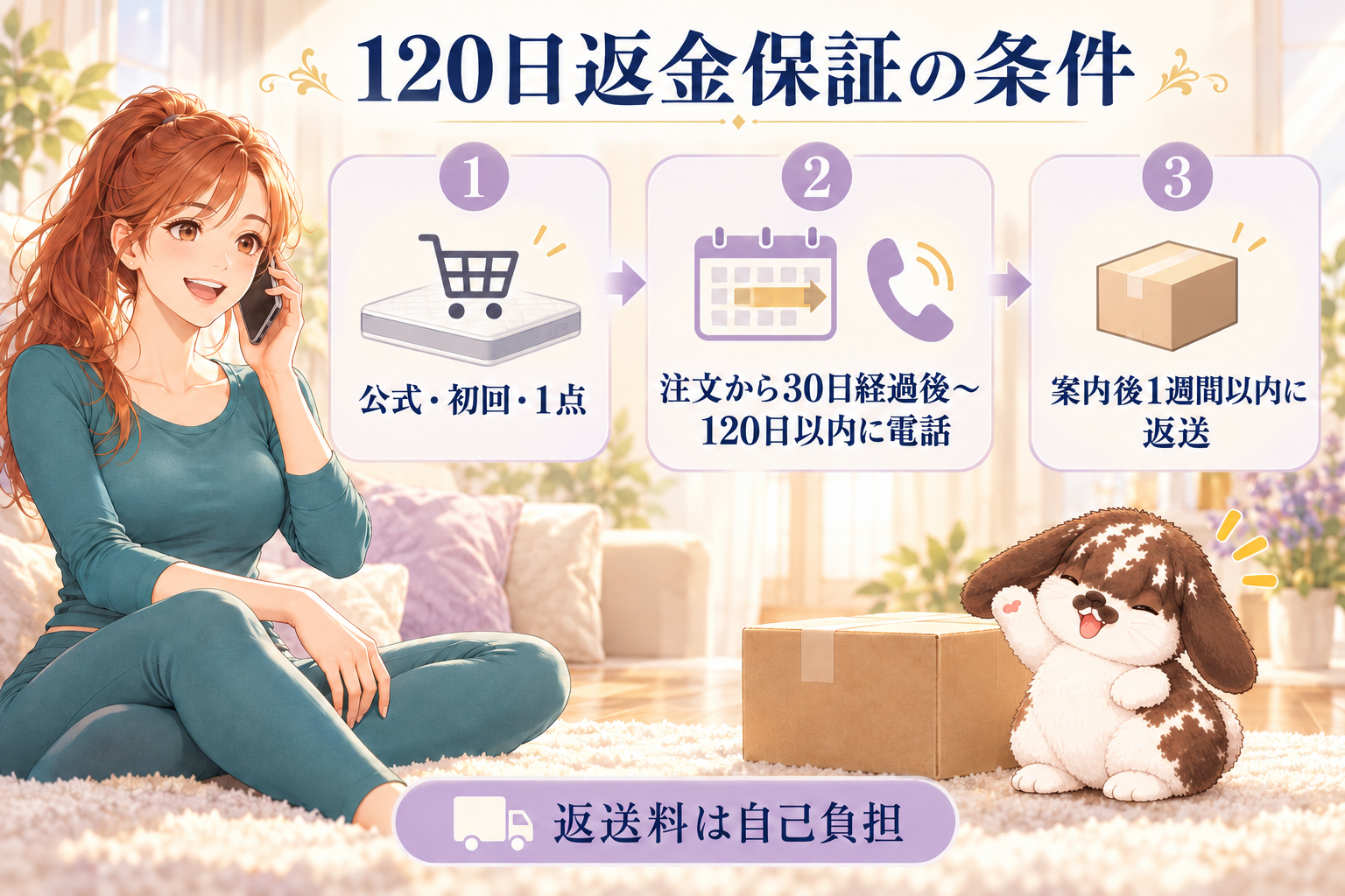 公式サイト初回1点と電話期限、返送期限、返送料負担を確認する図解