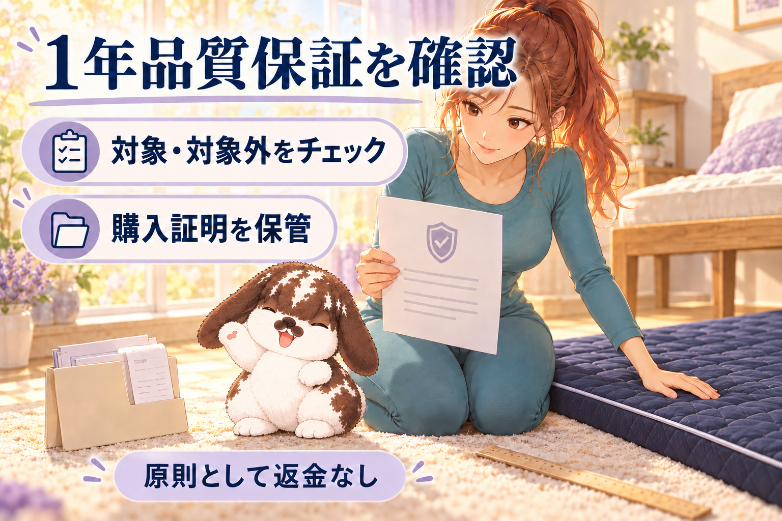 1年品質保証の対象と対象外、購入証明を確認するイラスト