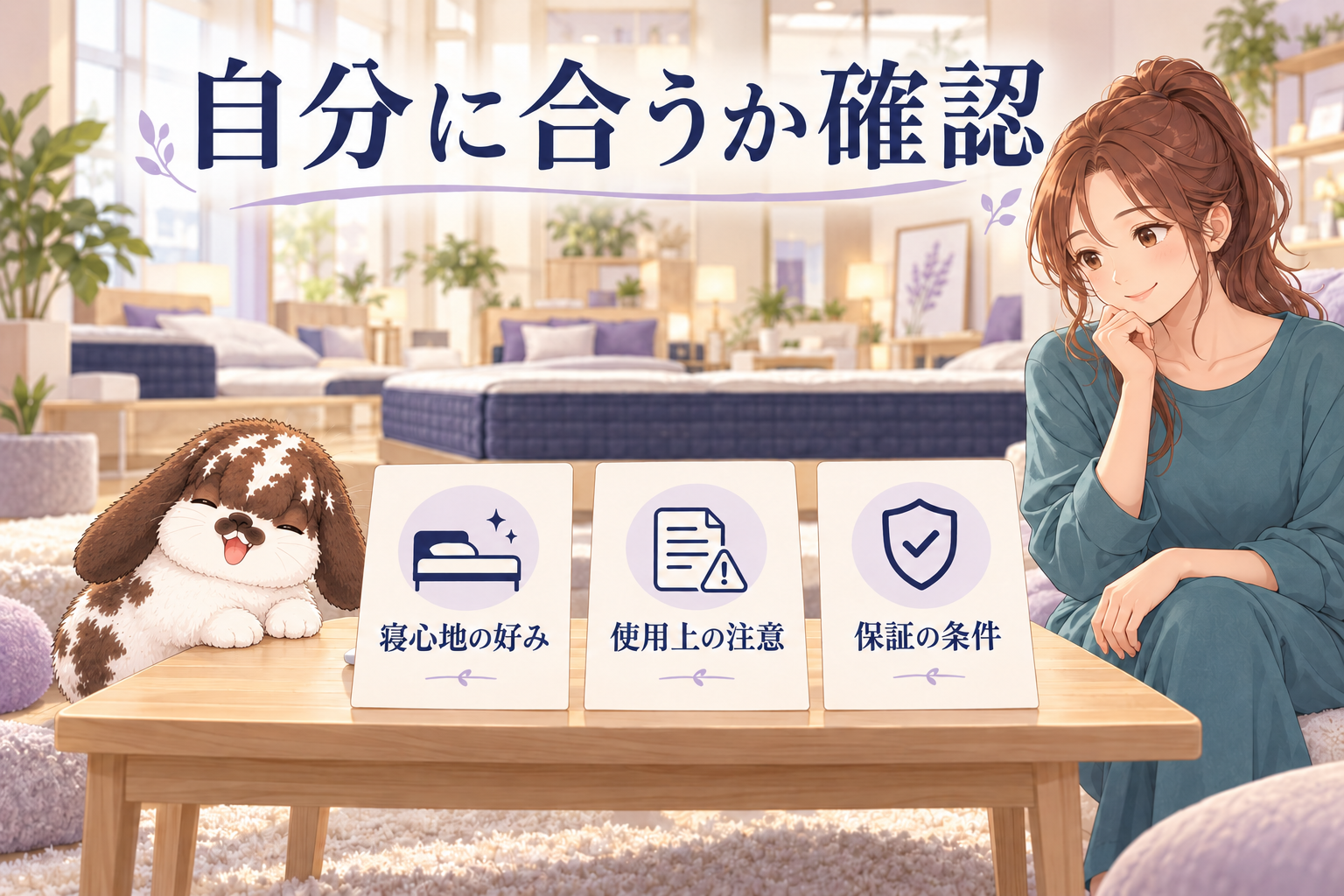寝心地の好みと使用上の注意、保証条件を確認する女子とポテちゃん