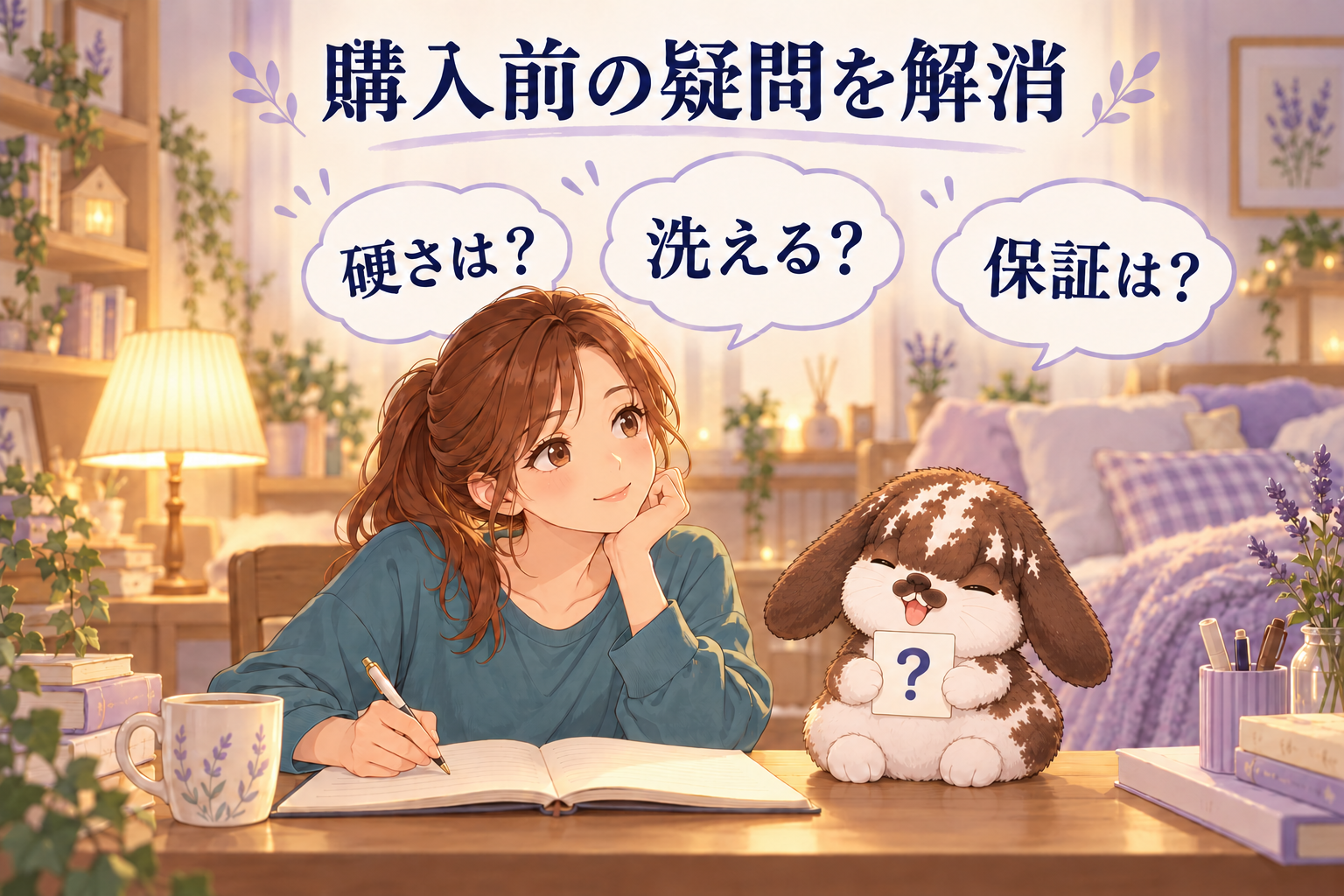 硬さ、洗濯、保証について購入前の疑問を整理する女子とポテちゃん
